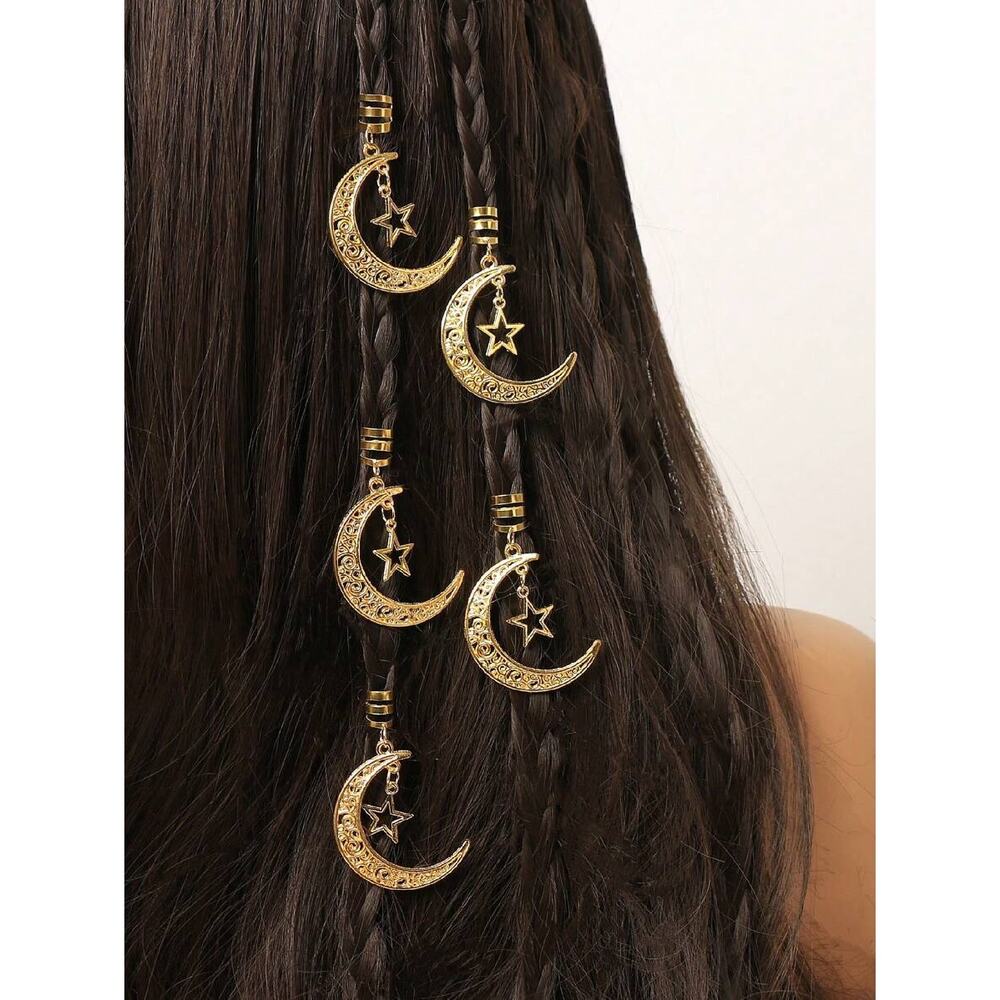 Gold Crescent Moon & Star Hair Charms – Boho Braid Jewelry Clip Set